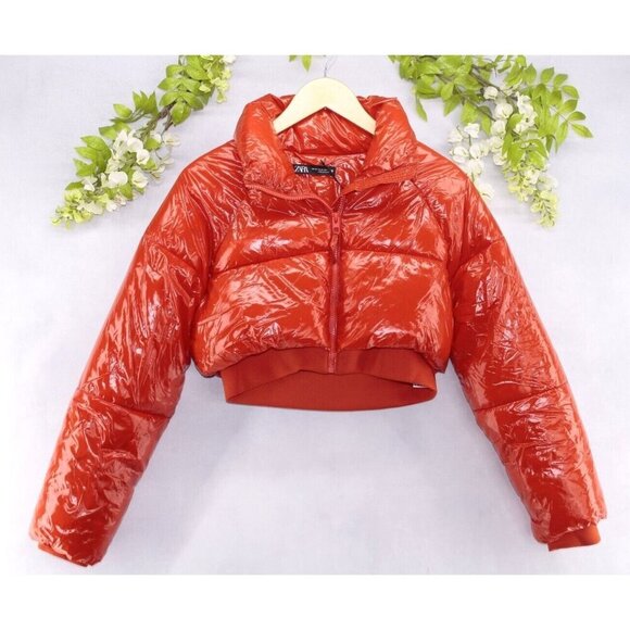 Zara Woman's Cropped Gorpcore Puffer Jacket Full Zip Red Sz XS NEW